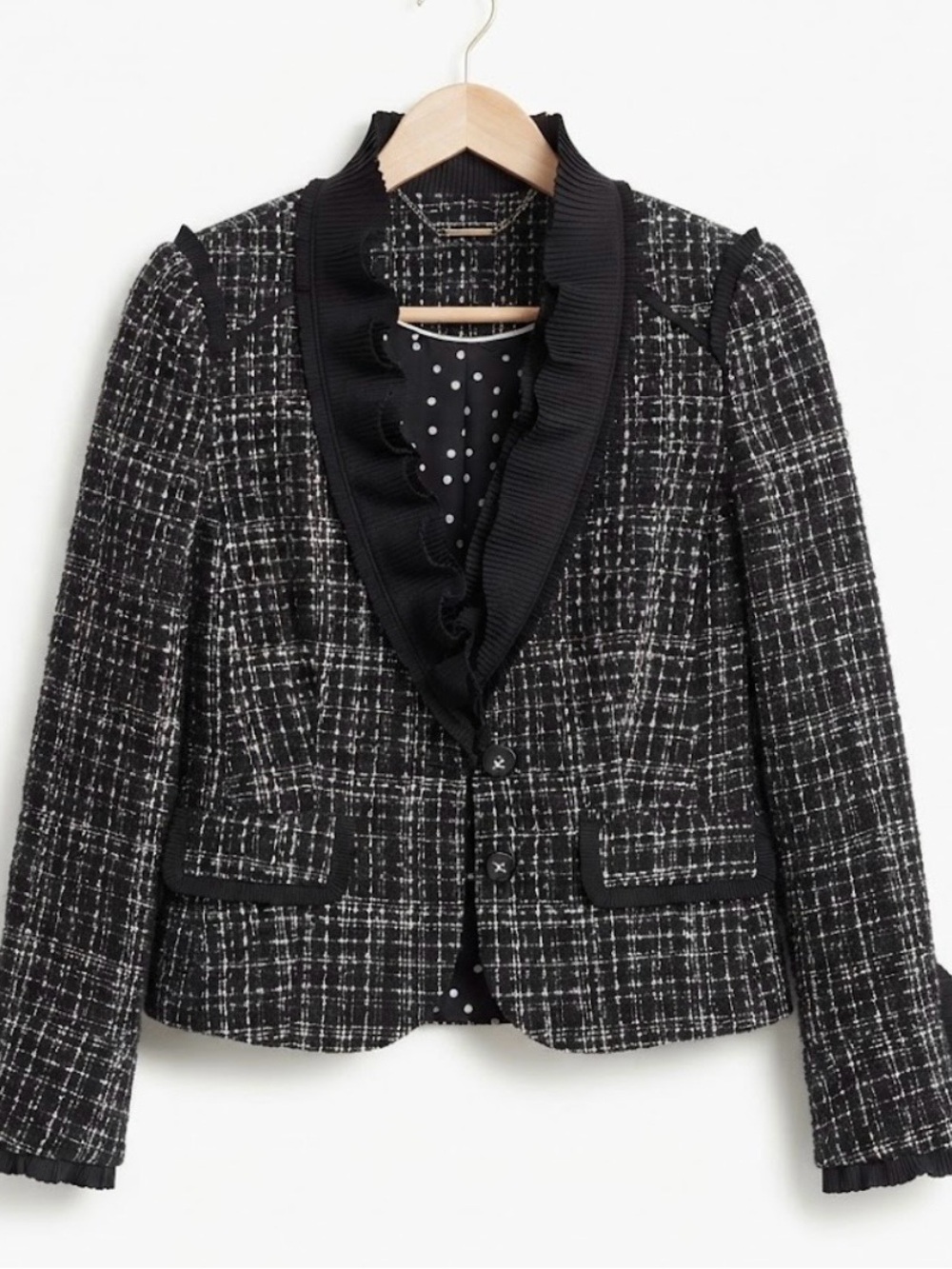 WHBM Ruffle Tweed Black White Blazer Size 6